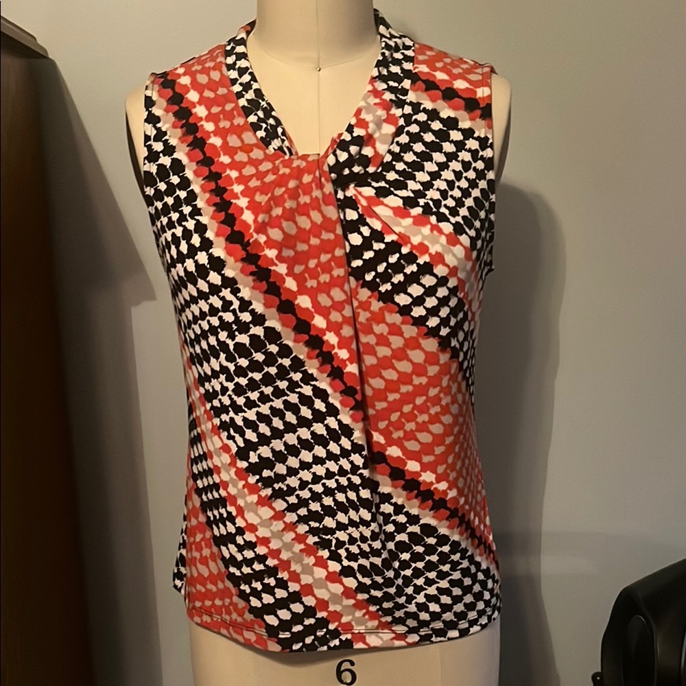 Calvin Klein Orange and Blue Asymmetrical Sleeveless Blouse
